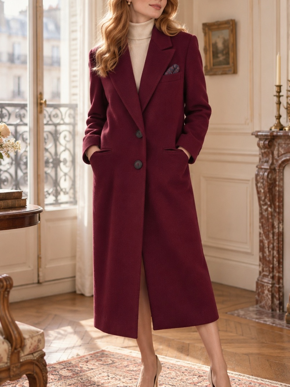 Vintage Beau Brummell 100% Wool Burgundy Wine Long Coat